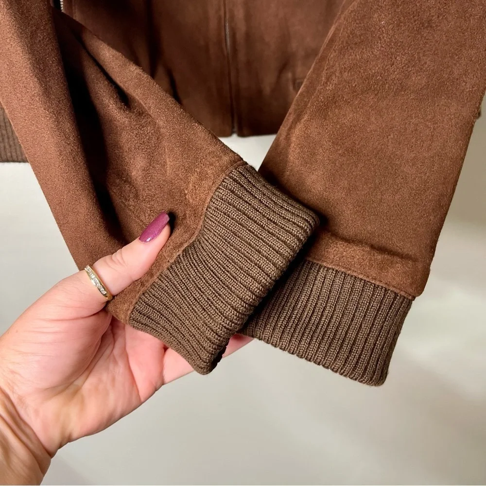 Talbots Brown Suede Leather Bomber Jacket Coat Size 14 - Picture 10 of 15